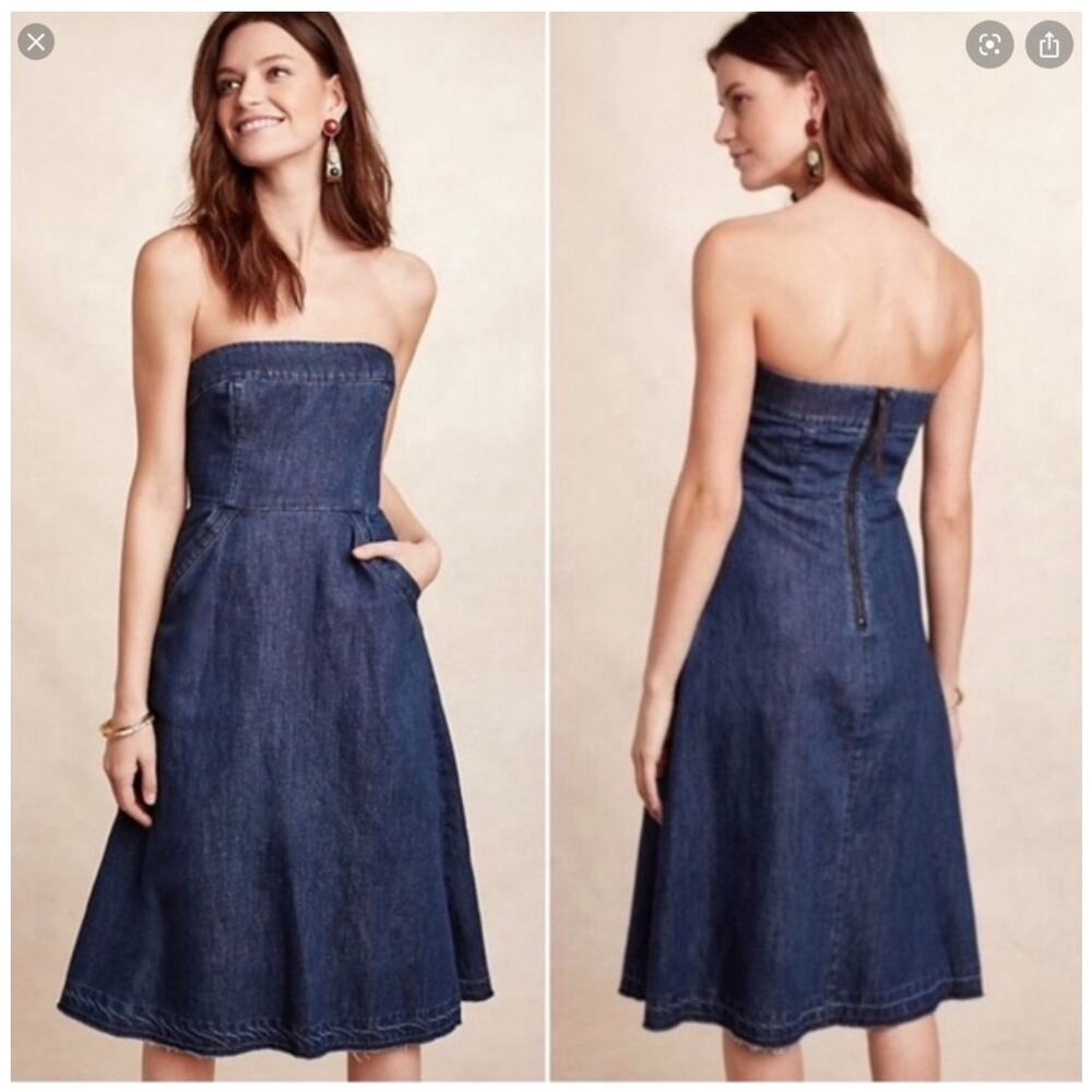 ANTHROPOLOGIE Holding Horses Cotton Linen Denim Strapless Midi Dress, Size 8